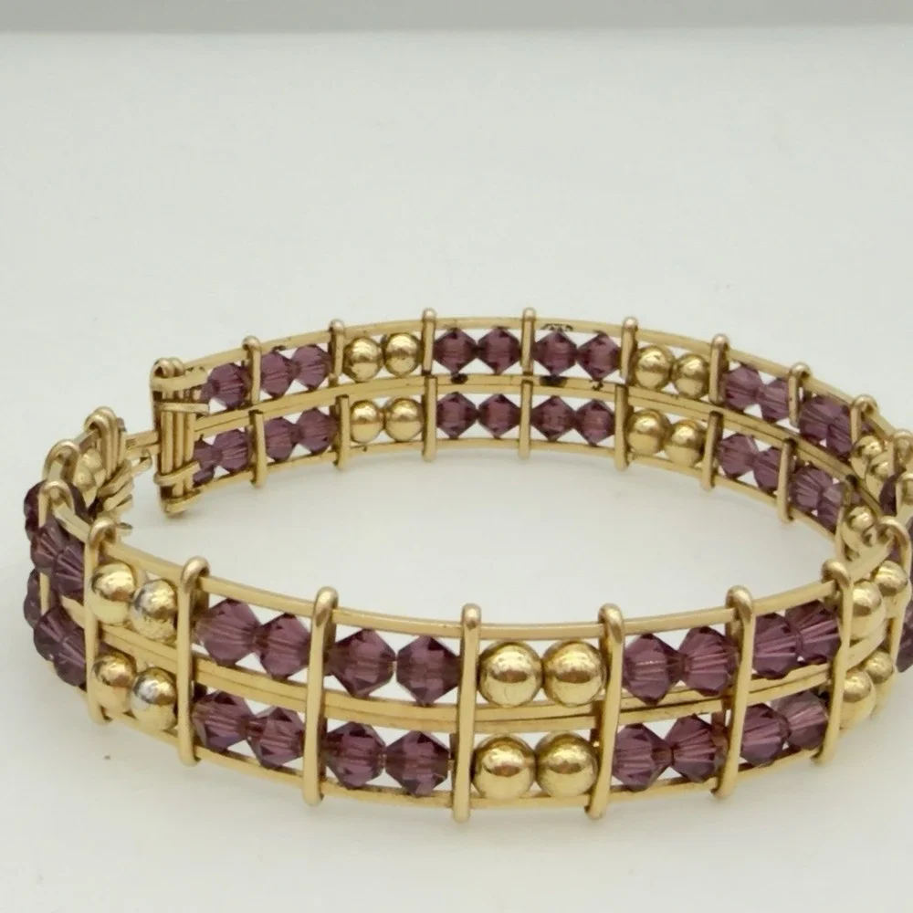 Vintage Rolled Gold Wire Wrapped Bracelet Purple Crystal Faux Pearl Beaded Read
